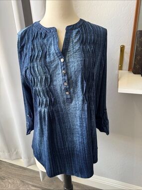 Cocomo NWOT Womens Blue Pintuck Henley Tunic Top Large